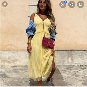 Zara tulle yellow midi ruffle dress